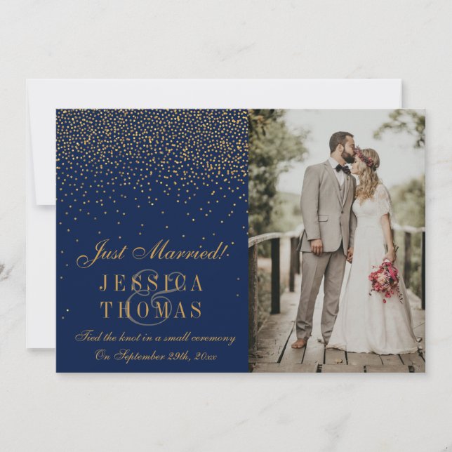 Navy Blue & Glam Gold Confetti Photo Wedding Announcement (Front)