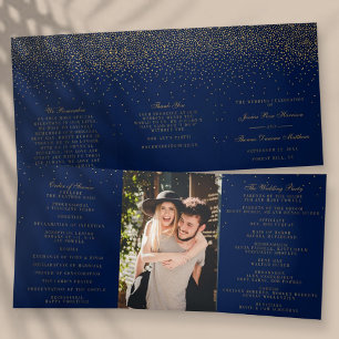 Navy Blue & Glam Gold Confetti Wedding Collection Tri-Fold Programme
