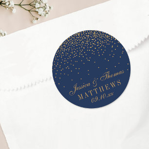 Navy Blue & Glam Gold Confetti Wedding Favour Classic Round Sticker