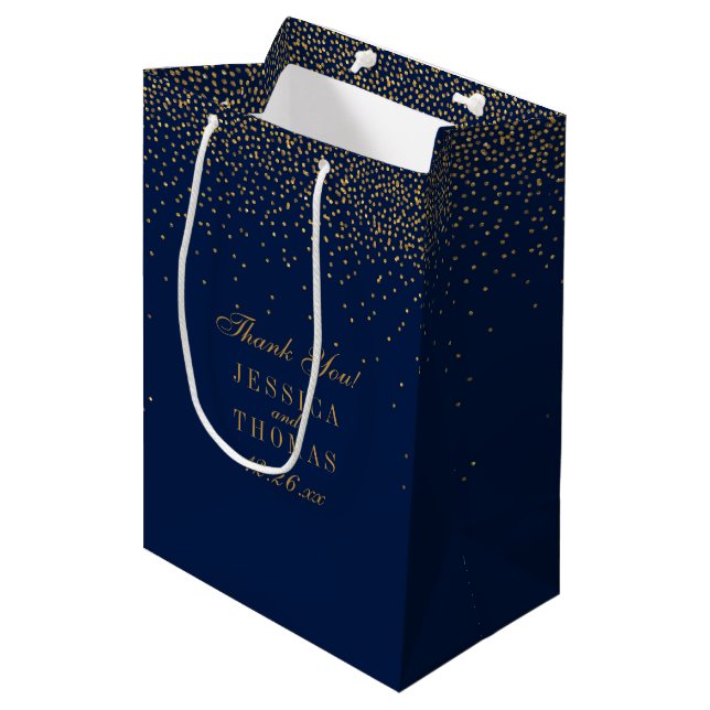 Navy Blue & Glam Gold Confetti Wedding Favour Medium Gift Bag (Front Angled)