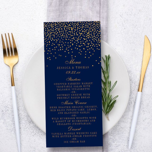 Navy Blue & Glam Gold Confetti Wedding Menu (Creator Uploaded)