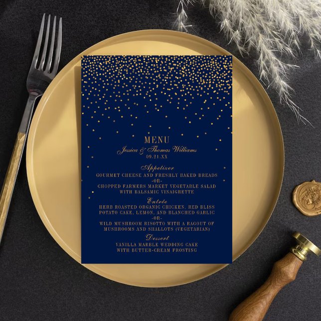 Navy Blue & Glam Gold Confetti Wedding Menu (Creator Uploaded)
