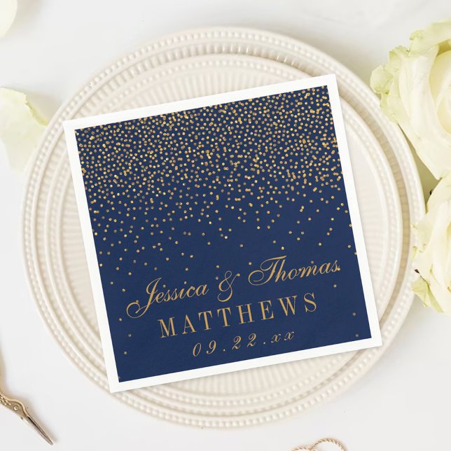 Navy Blue & Glam Gold Confetti Wedding Napkin (Creator Uploaded)