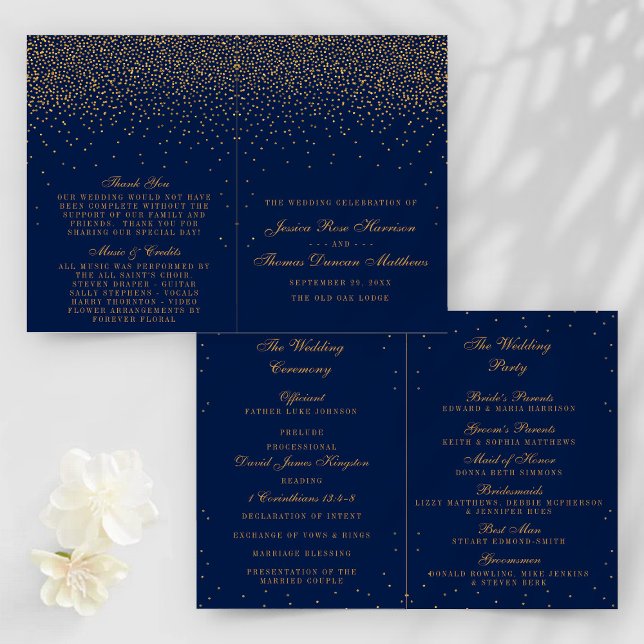 Navy Blue & Glam Gold Confetti Wedding Program (Creator Uploaded)