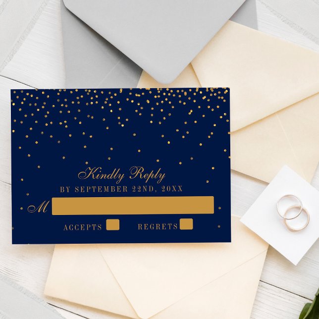 Navy Blue & Glam Gold Confetti Wedding RSVP Card (Creator Uploaded)