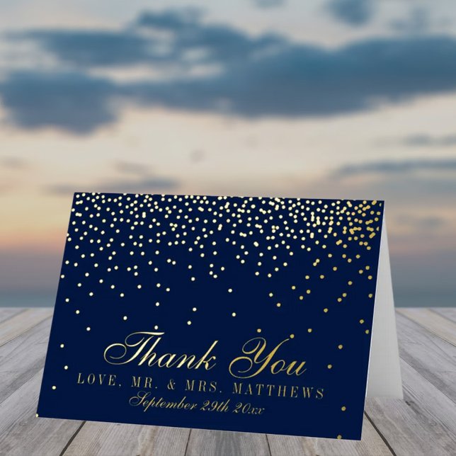 Navy Blue & Glam Gold Confetti Wedding Thank You Foil Greeting Card (Creator Uploaded)