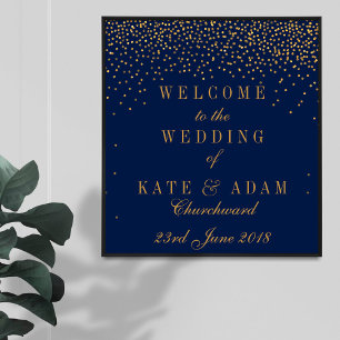 Navy Blue & Glam Gold Confetti Wedding Welcome Poster