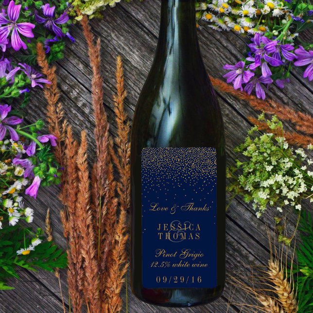 Navy Blue & Glam Gold Confetti Wedding Wine Bottle (Creator Uploaded)