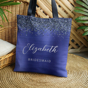 Navy Blue Glam Metallic Script Bridesmaid Tote Bag