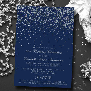 Navy Blue & Glam Silver Confetti Birthday Invitation