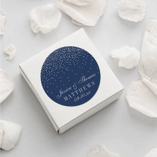 Navy Blue & Glam Silver Confetti Wedding Classic Round Sticker