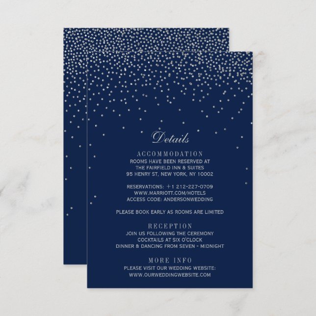 Navy Blue & Glam Silver Confetti Wedding Enclosure Card (Front/Back)