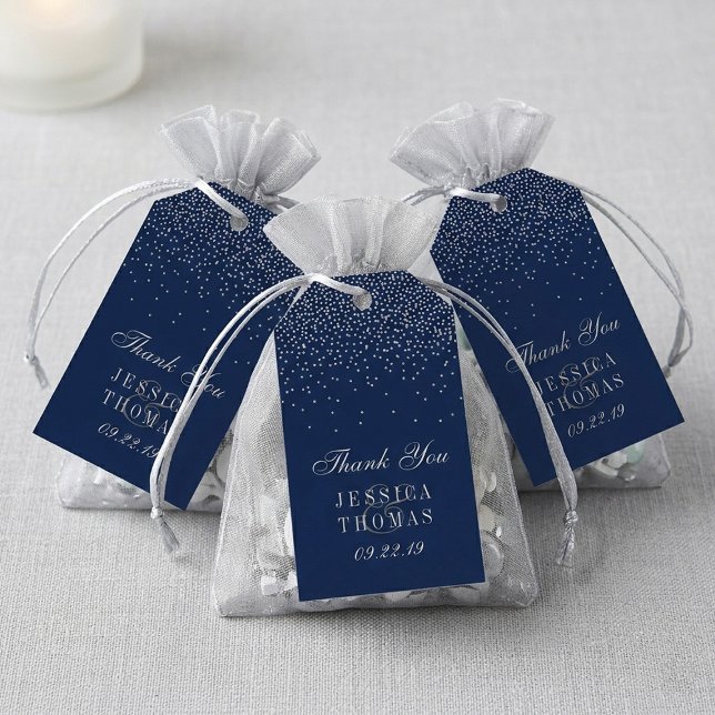 Navy Blue & Glam Silver Confetti Wedding Favour Gift Tags (Creator Uploaded)