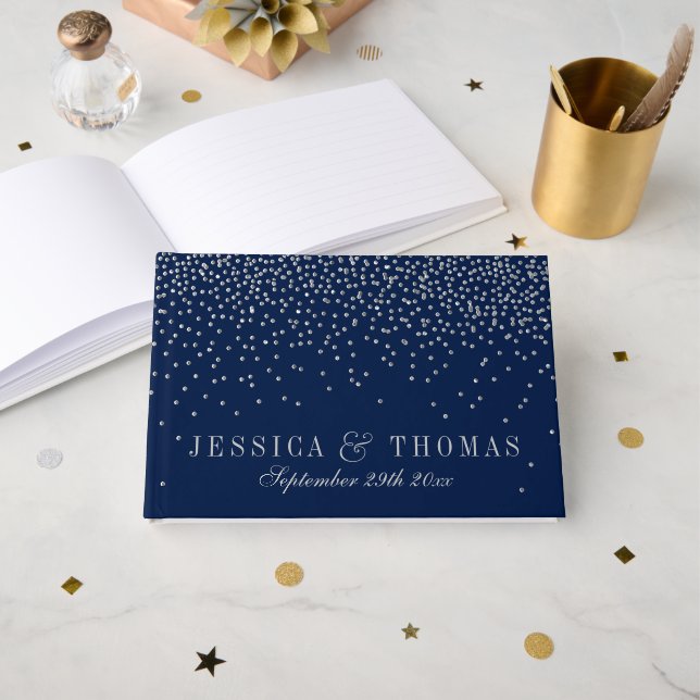 Navy Blue & Glam Silver Confetti Wedding Guest Book (Front Open)