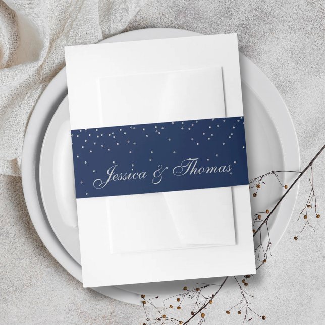 Navy Blue & Glam Silver Confetti Wedding Invitation Belly Band (Creator Uploaded)