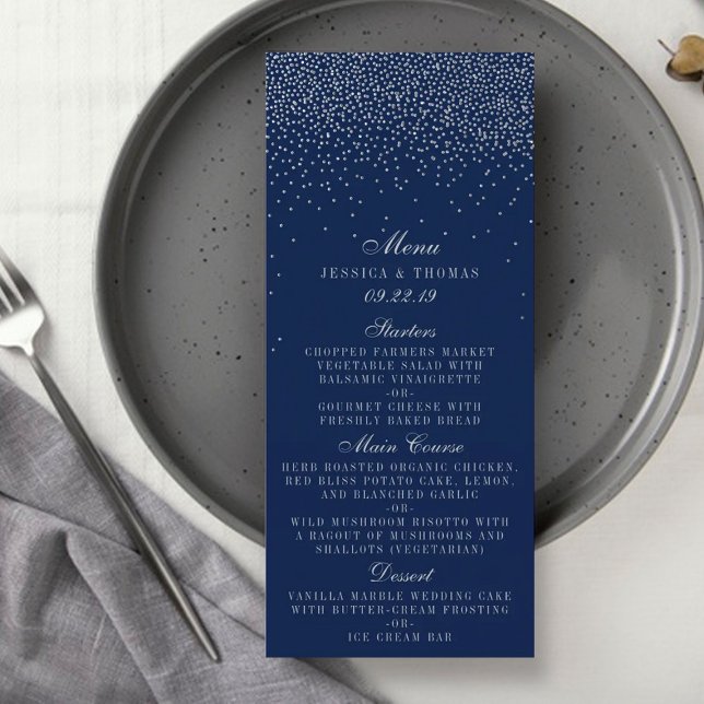 Navy Blue & Glam Silver Confetti Wedding Menu (Creator Uploaded)