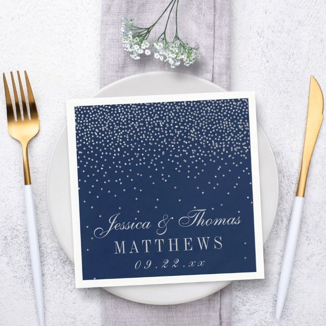 Navy Blue & Glam Silver Confetti Wedding Napkin (Creator Uploaded)