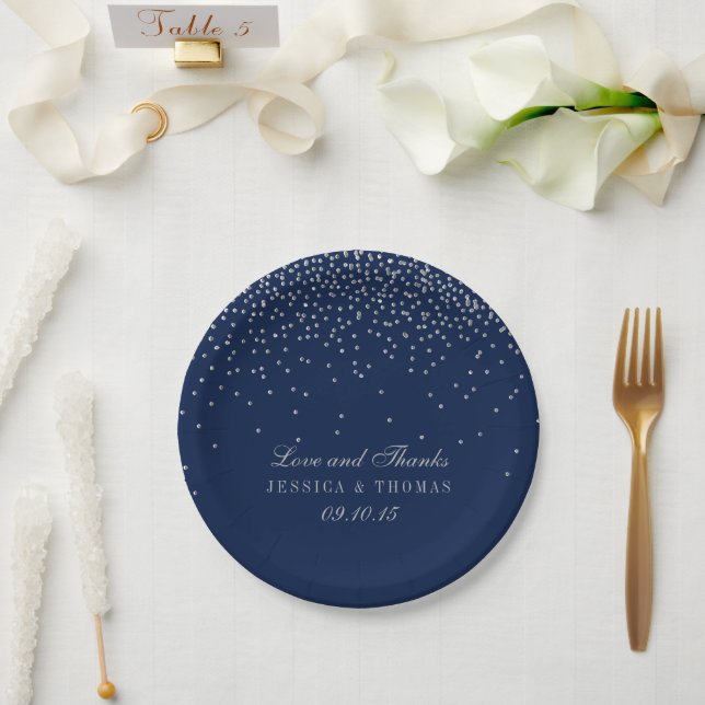 Navy Blue & Glam Silver Confetti Wedding Paper Plate (Wedding)
