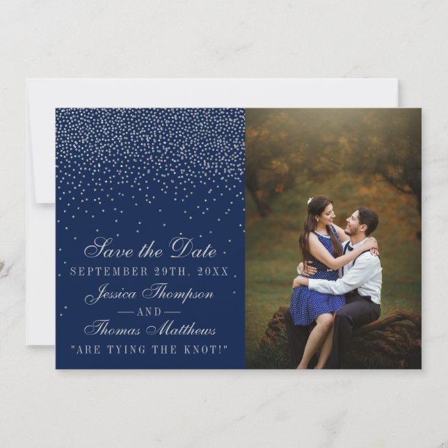 Navy Blue & Glam Silver Confetti Wedding Photo Save The Date (Front)