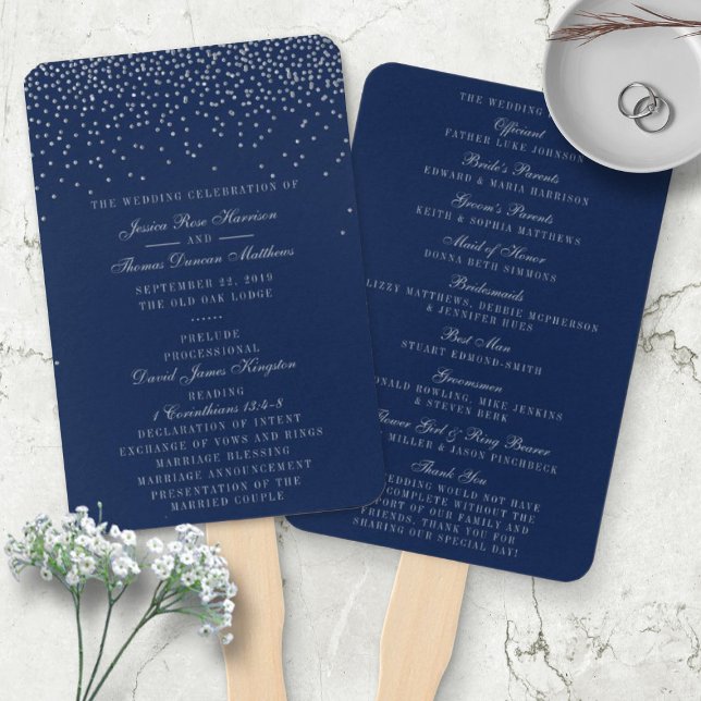 Navy Blue & Glam Silver Confetti Wedding Program Hand Fan (Creator Uploaded)
