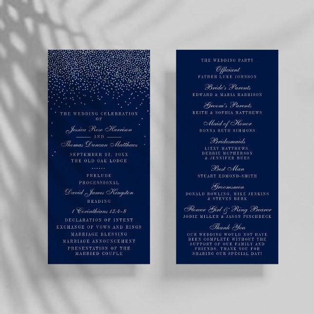 Navy Blue & Glam Silver Confetti Wedding Program Rack Card (Creator Uploaded)