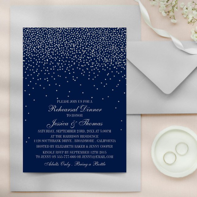 Navy Blue & Glam Silver Confetti Wedding Rehearsal Invitation (Creator Uploaded)