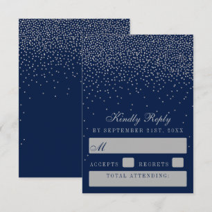 Navy Blue & Glam Silver Confetti Wedding RSVP Card