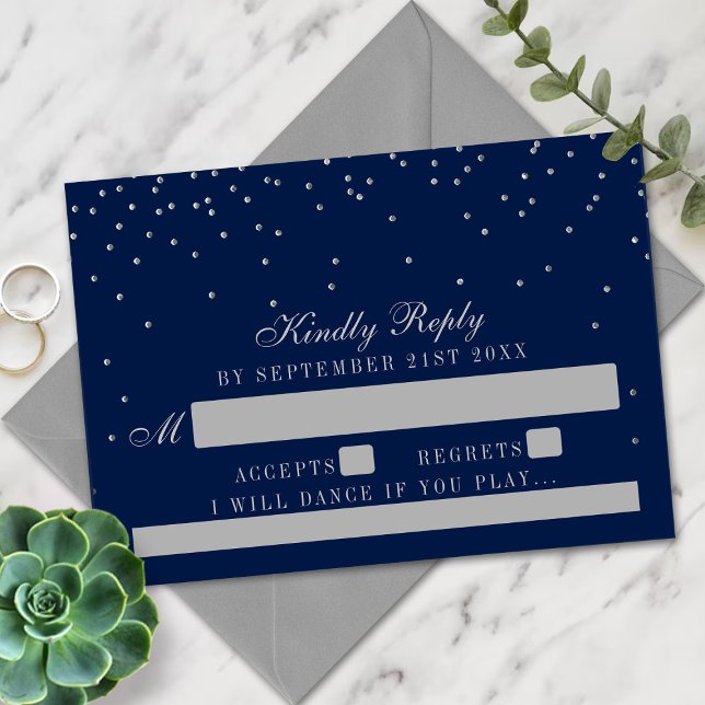 Navy Blue & Glam Silver Confetti Wedding RSVP Card (Creator Uploaded)