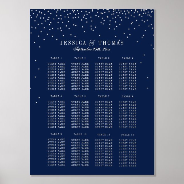 Navy Blue & Glam Silver Confetti Wedding Seating Foil Prints (Front)