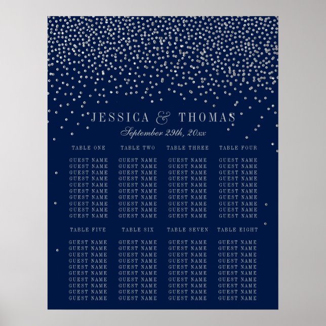 Navy Blue & Glam Silver Confetti Wedding Seating Poster (Front)