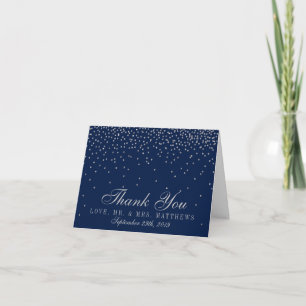Navy Blue & Glam Silver Confetti Wedding Thank You Card