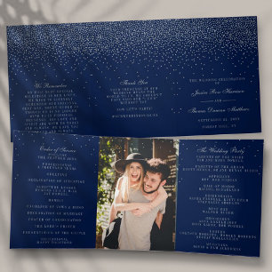 Navy Blue & Glam Silver Confetti Wedding Tri-Fold Programme