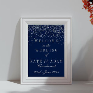 Navy Blue & Glam Silver Confetti Wedding Welcome Poster