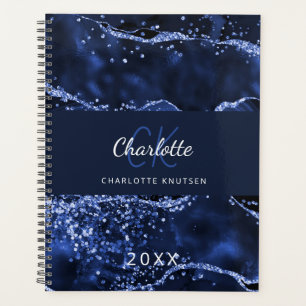 Navy blue glitter agate marble monogram planner