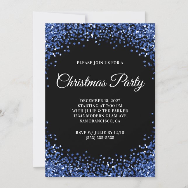 Navy Blue Glitter Border Black Christmas Party Invitation (Front)