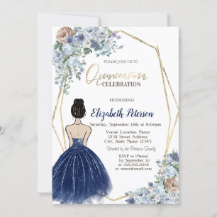 Navy Blue Glitter Dress, Blue Flowers Quinceanera Invitation
