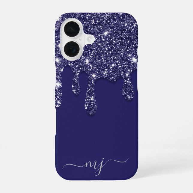 Navy Blue Glitter Drip Custom Monogram iPhone 16 Case (Back)