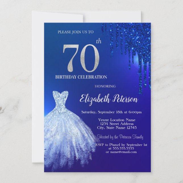 Navy Blue Glitter Drips,Dress Blue 70th Birthday Invitation (Front)