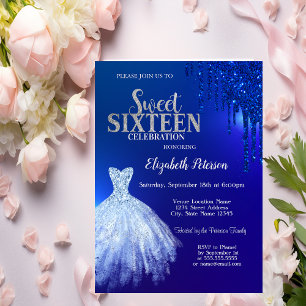 Navy Blue Glitter Drips,Dress Blue Sweet 16  Invitation