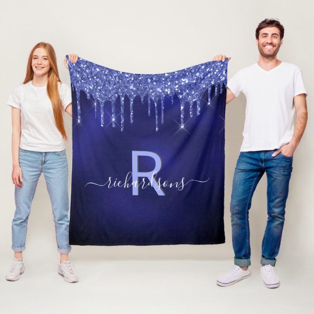 Navy blue glitter drips monogram inital name fleece blanket (In Situ)