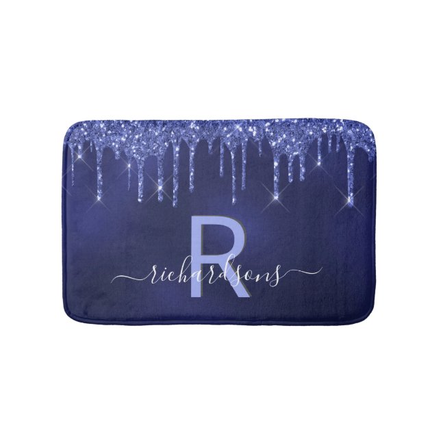 Navy blue glitter drips monogram name bath mat (Front)