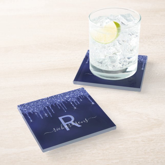 Navy blue glitter drips monogram name glass coaster (Angled)