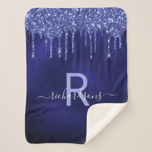 Navy blue glitter drips monogram name sherpa blanket (Front)