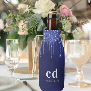 Navy blue glitter drips white nautical name bottle cooler