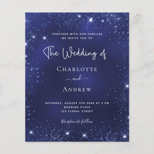 Navy blue glitter dust budget wedding invitation flyer (Front)