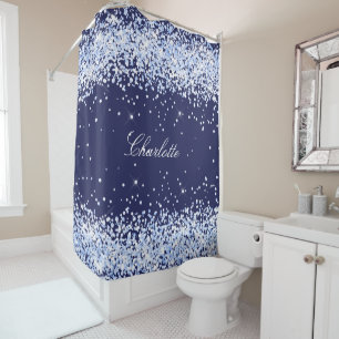 Navy blue glitter dust name monogram elegant shower curtain