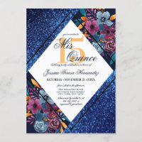 Navy Blue Glitter Floral Watercolor Mis Quince