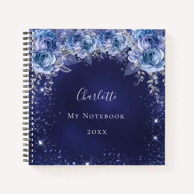 Navy blue glitter flowers name diary notebook (Front)