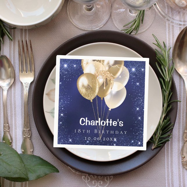 Navy blue glitter gold balloons birthday party napkin (Creator Uploaded)