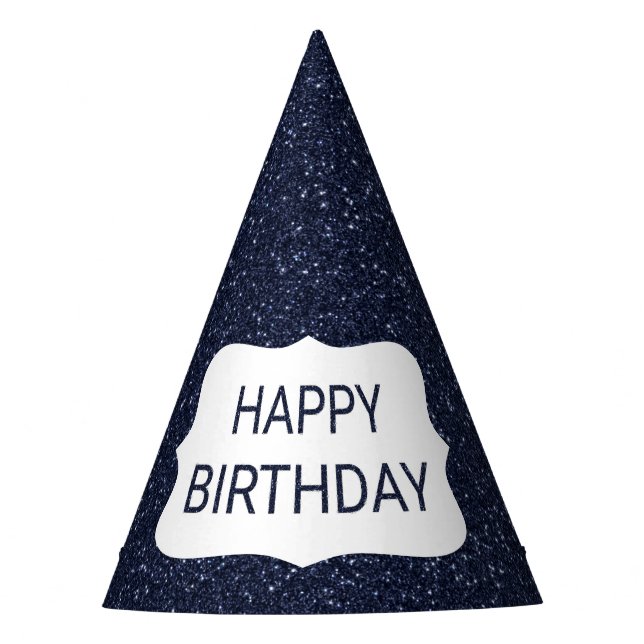 Navy Blue Glitter Happy Birthday Party Hat (Front)